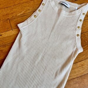 SANDRO cream rib knit high neck tank with gold details